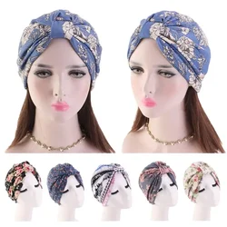 여성 꽃 프린트 모자 이슬람 Hijab Chemo 암 모자 이슬람 탈모 모자 머리 스카프 터번 새틴 라이너 내부 모자 아랍 패션