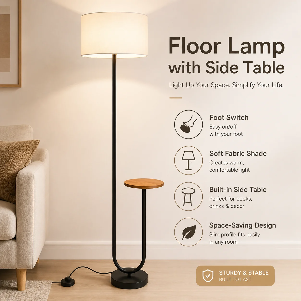 2026 Minimalist Modern Art Floor Lamp, Elegant Standing Lamp with Side Tray for Living Room Sofa Corner Bedroom Bedside