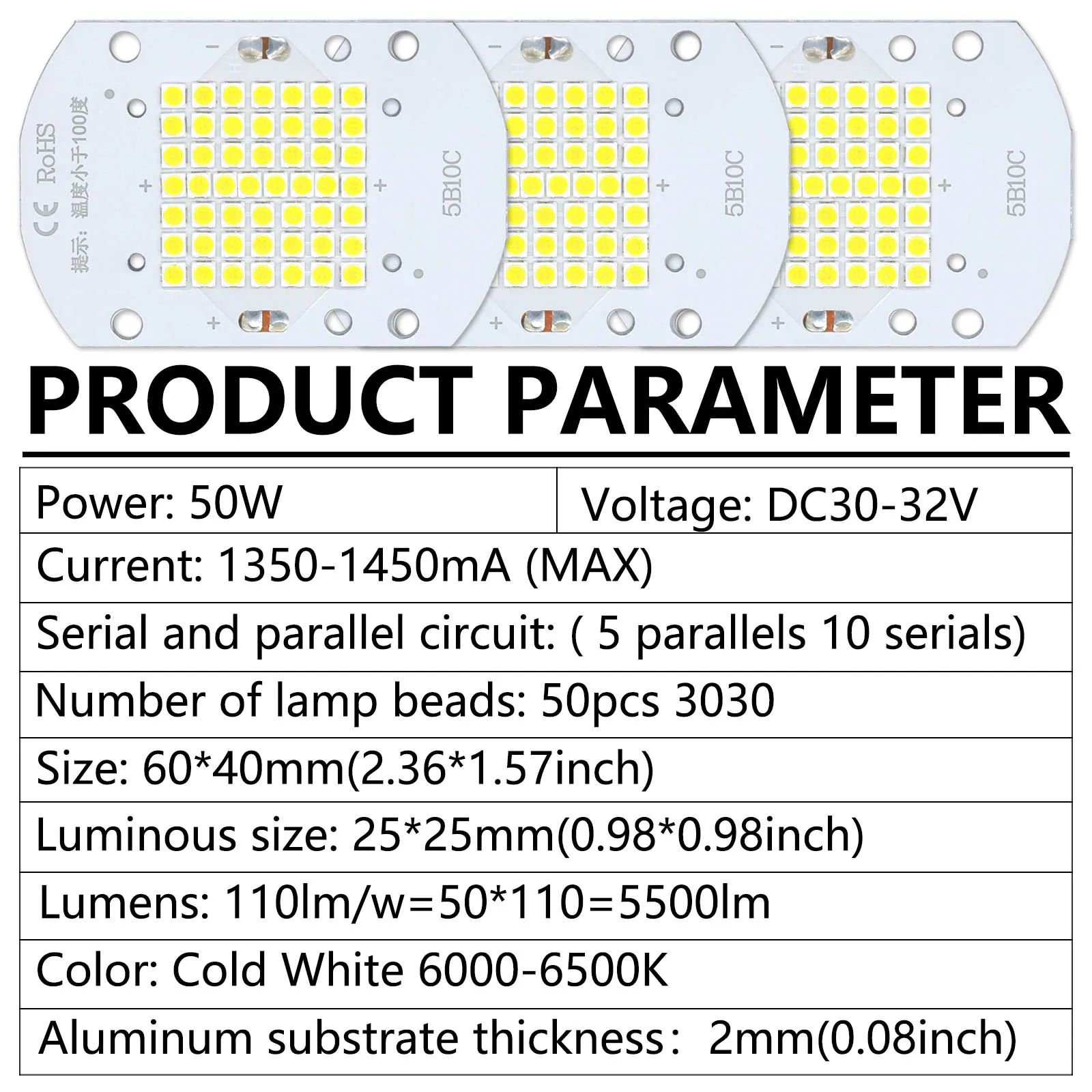 Proiettore LED PCB 50W SMD3030 DC30-32V 1350-1450mA 5500LM Lampada LED LED PCB Board Piastra in alluminio per LED Bianco freddo 6000-6500K