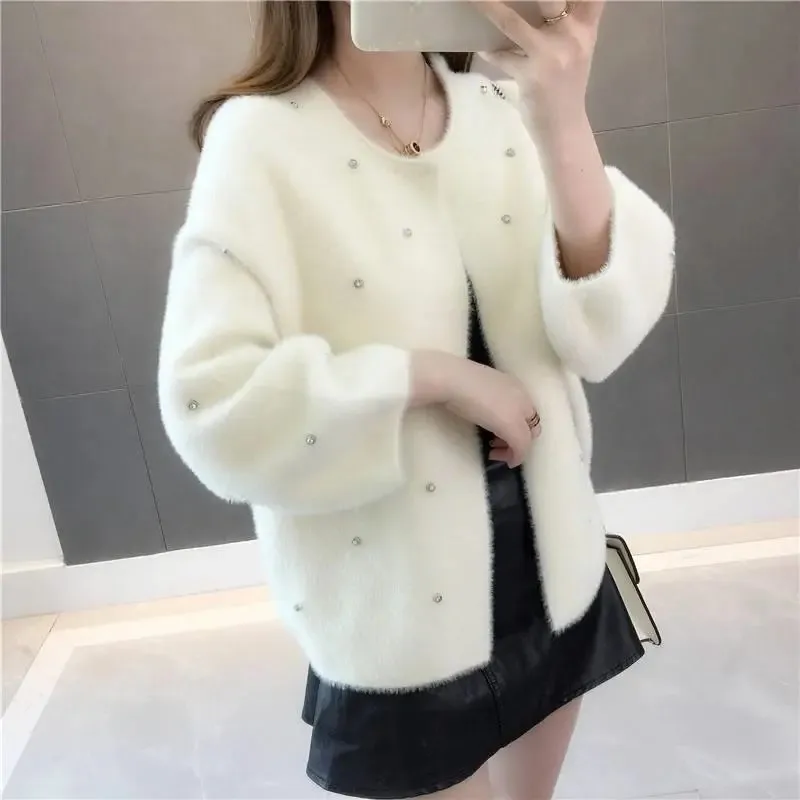 Knitting Shirt Female Cardigan Imitation Mink Fleece Women\'s Sweater New Spring Autumn Coat Korean Version Loose Wild   Jacket