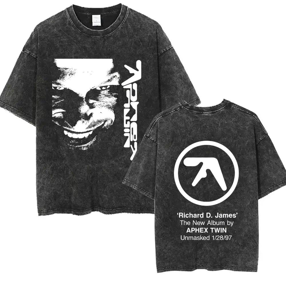 

Washed Vintage Aphex Twin Face Graphic T Shirt Richard D James Album Print T-shirt Men Women Fashion Trend Short Sleeve T-shirts