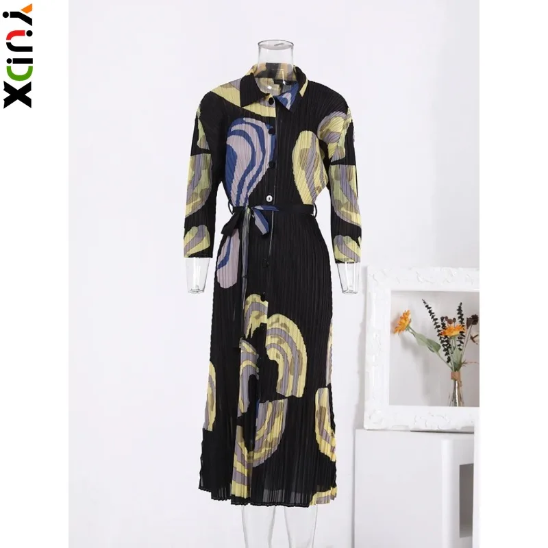 

YUDX Miyake Fashion Designer Printing Pleated Dress Contrast Color Single Breasted Belt Gathered Waist Dresses 2024 New