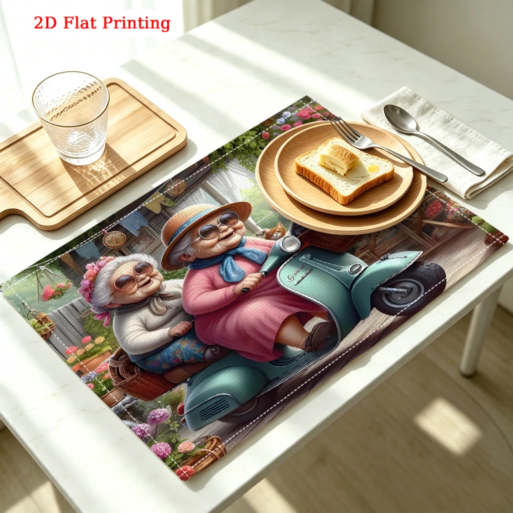 2Pcs Vintage Multicolor Elderly Couple Riding Scooter Pattern Placemat for Kitchen Dining Home Decor 30X40Cm