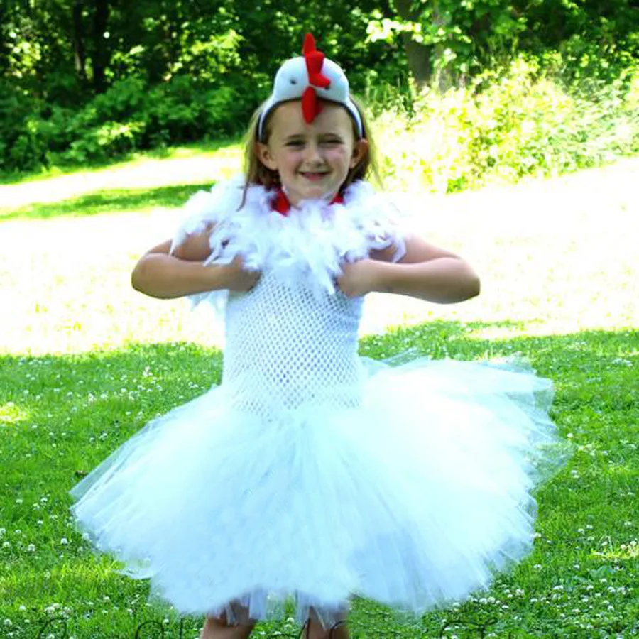 Halloween Kids Cartoon Yellow & White Chicken Short Tutu Dress Girls Light Mesh Gown Children Stage Show Outfit Gathering Attire