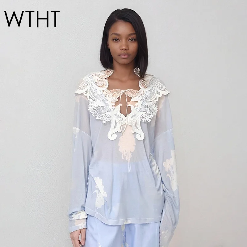 

WTHT New Fashion Women's Spliced Hollow Out Lace Sunscreen Clothing 2025 Summer Trendy Long Sleeves Loose T-shirt Female 1LS2274