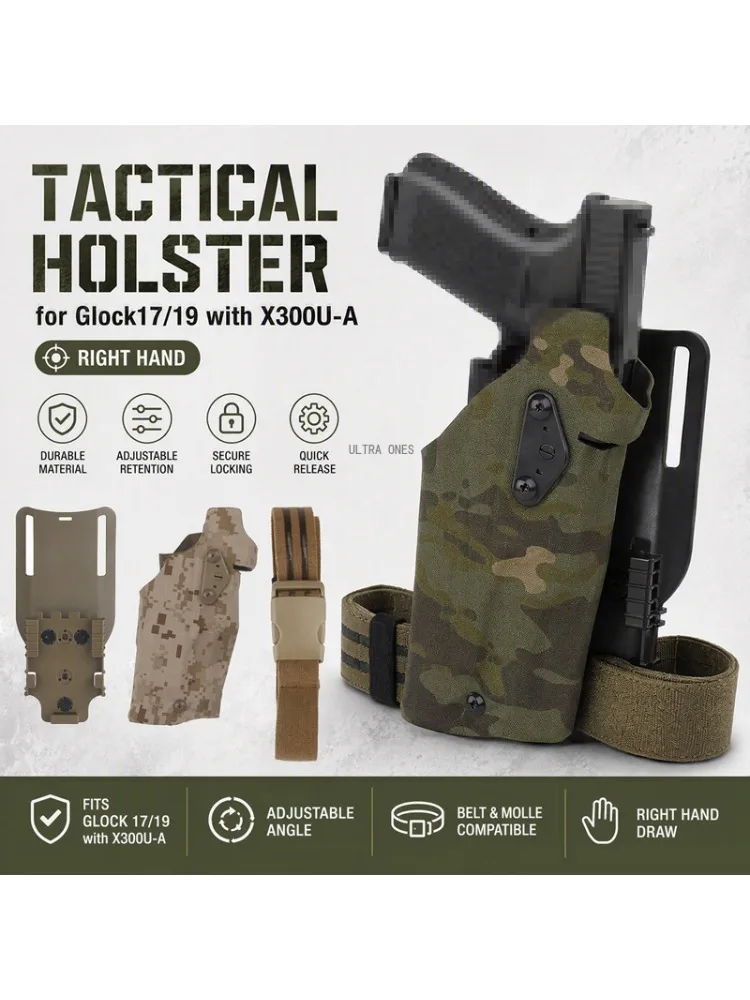 Kabura na pistolet dla praworęcznych do Glock 17 Gen4 / G19 z latarkami X300 X300U, taktyczna kabura do broni myśliwskiej z platformą na nogę. — 2