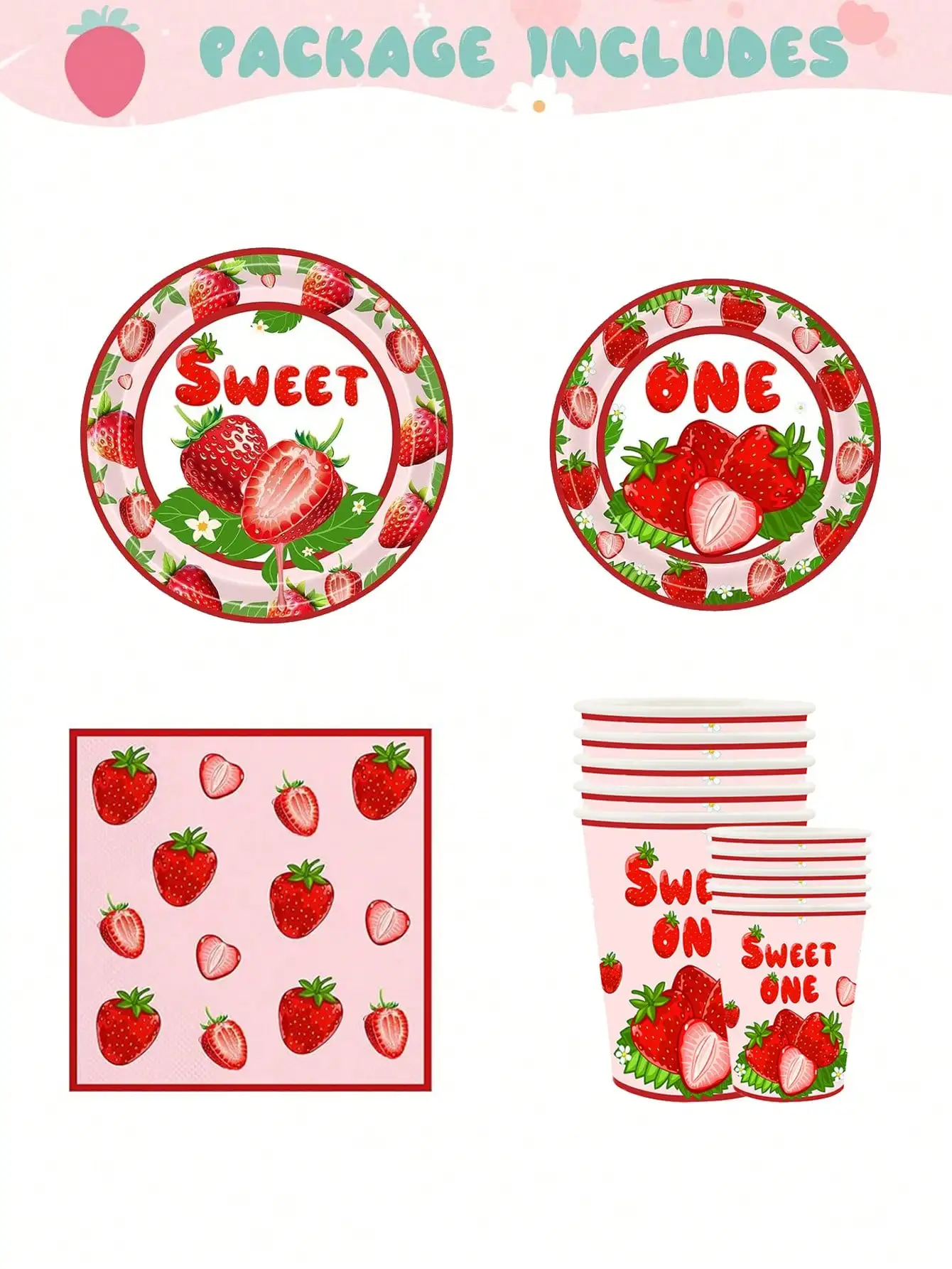 New strawberry Theme Birthday Party Decorations Disposable Tableware Set Paper Plates Napkins Cups