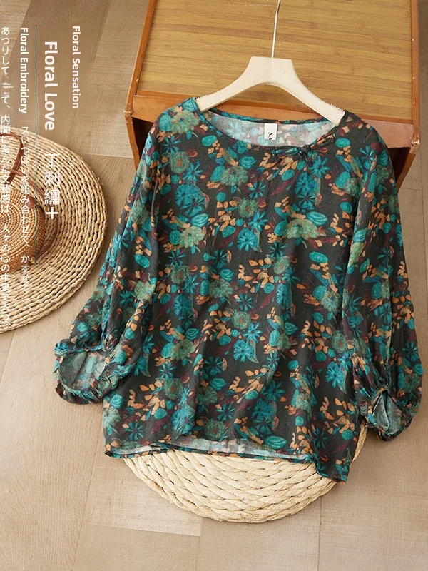 

Летний элитный льняной художественный фонарь в стиле ретро с художественным фонариком Све, свободный женский топ, дышащий легкий круглый топ с цветочным принтом