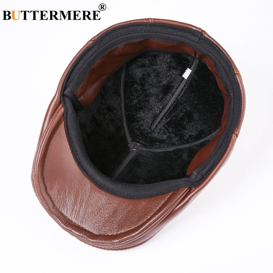 BUTTERMERE Genuine Leather Flat Caps Berets Men Brown Duckbill Hat Cowskin Male Real Leather Autumn Winter Cabbie Driving Caps