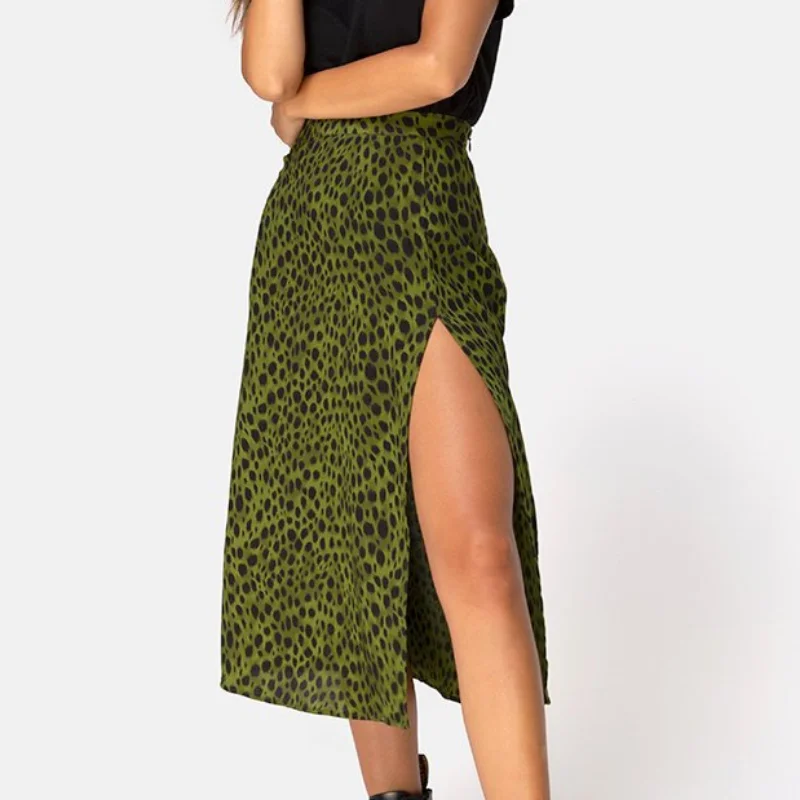 Mode Sommer Leoparden rock Frauen hohe Taille Split Midi Rock elegante Damen Abend Party Club Streetwear koreanische Kleidung