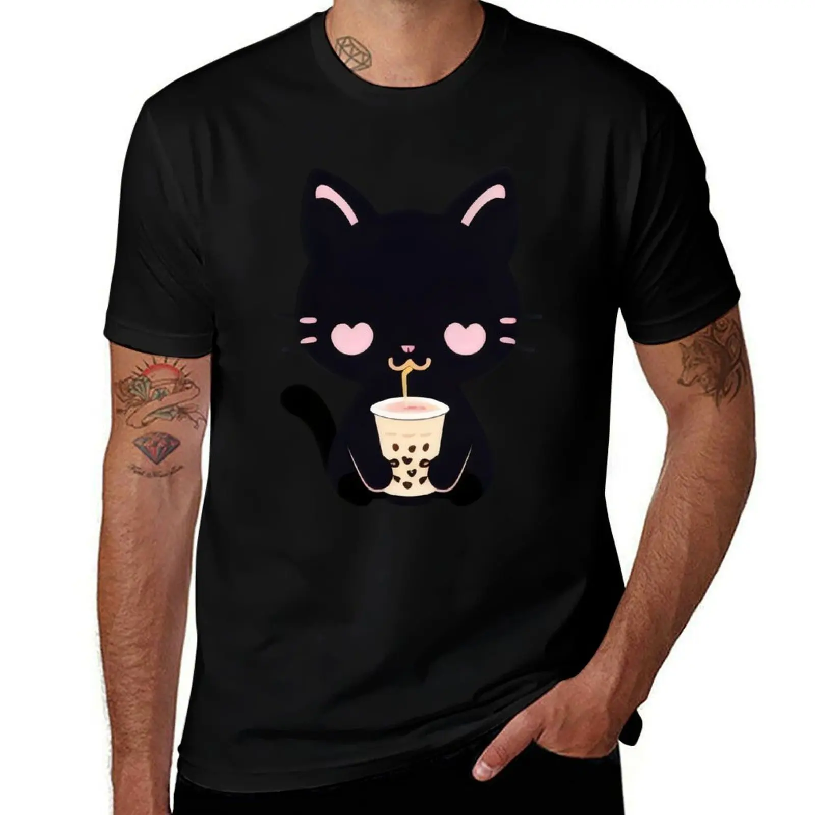 Adorable Black Cat Sipping Bubble Tea - Kawaii Boba Lover Art T-Shirt Casual Graphic Print Tee T-Shirt