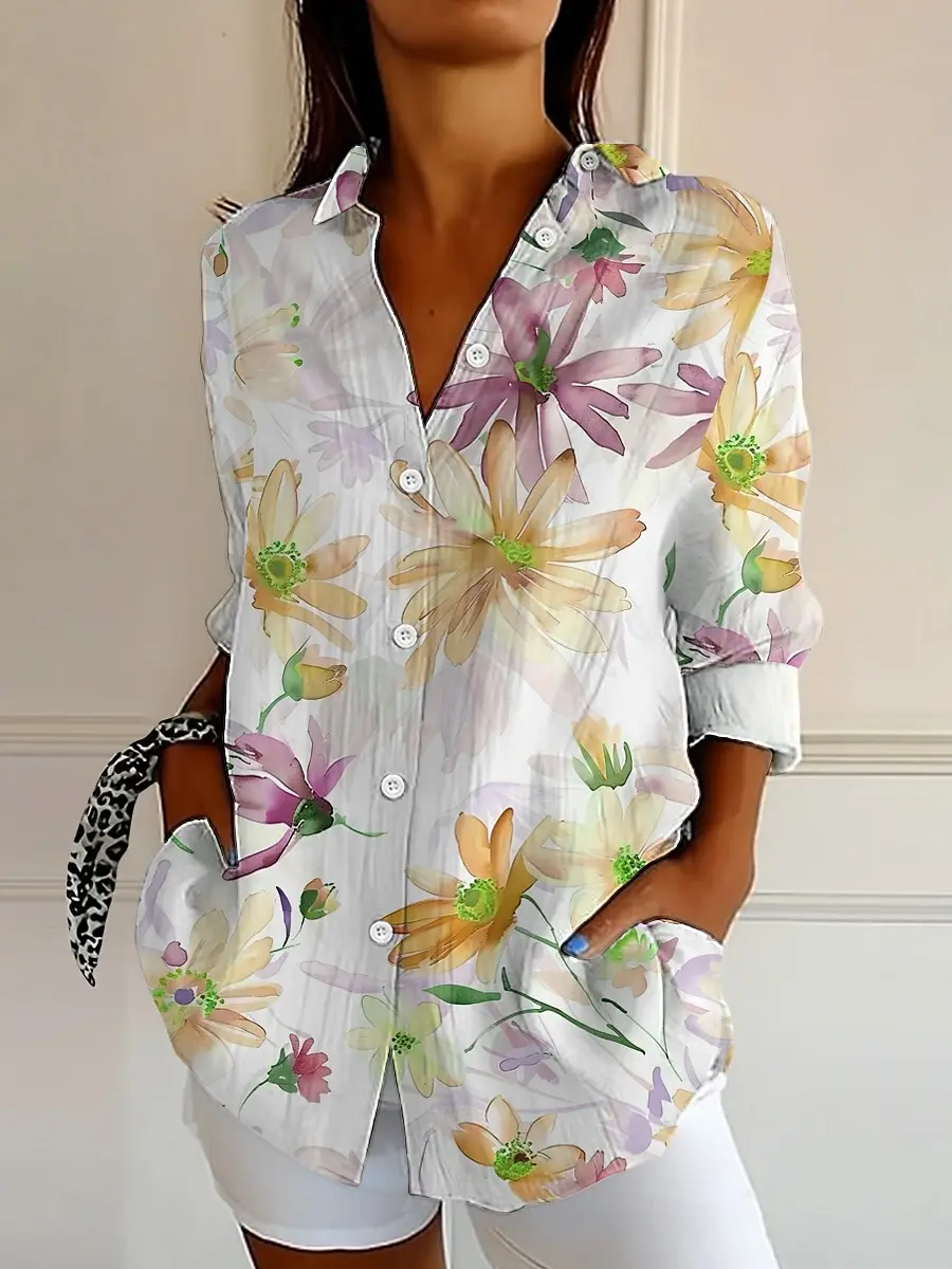 Women's Shirt Floral Graphic Elegant Vintage Tropical Long Sleeve Shirt Collar Regular Tops Daily Buttons Print Summer Spring