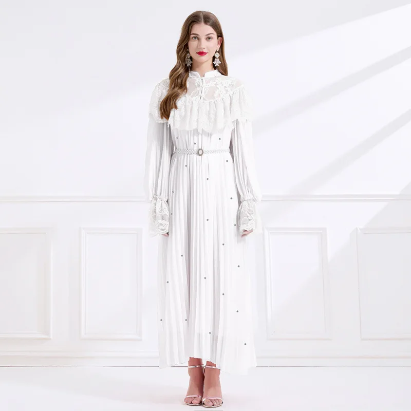 

Lace Splicing Big Swing Dresses Spring Women Long Sleeves Embroidered Flares Dress Autumn High Waist Pleated Knee Length Dress