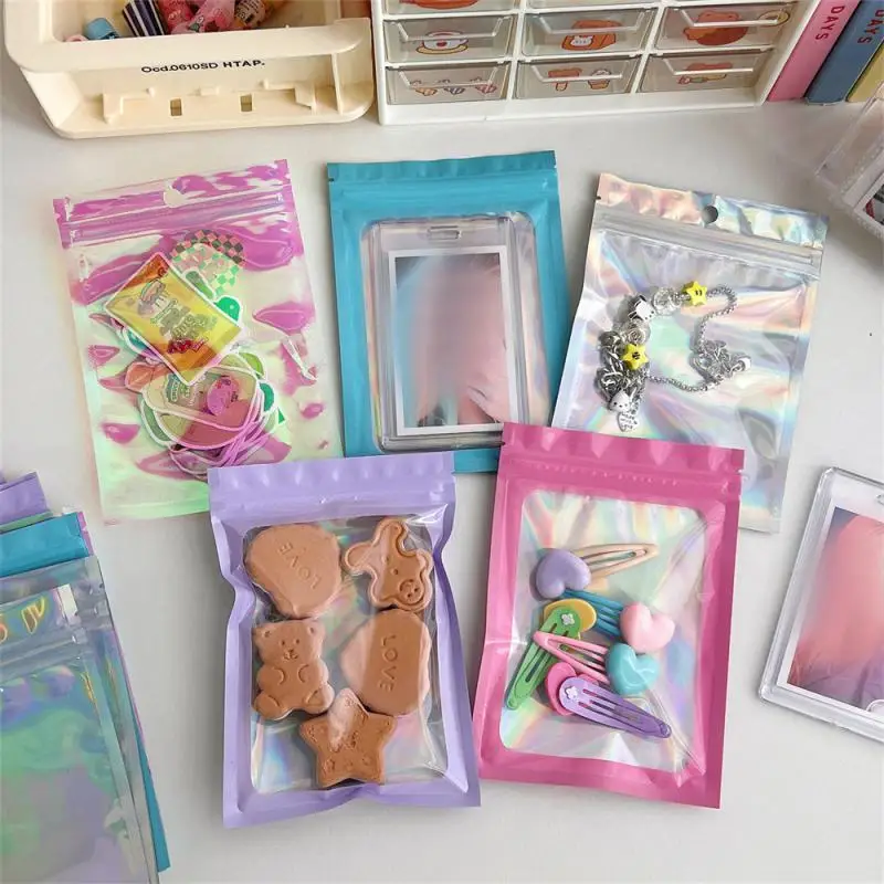 10pcs Thick Smell Proof Mylar Bags Holographic Laser Color Plastic Packaging Pouch Jewelry Retail Storage Pouch Zip Lock Bag