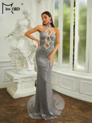 Missord Elegant Grey Sequin Evening Dresses Women Halter Sleeveless Cross Cutout Bodycon Maxi Mermaid Party Dress Long Prom Gown