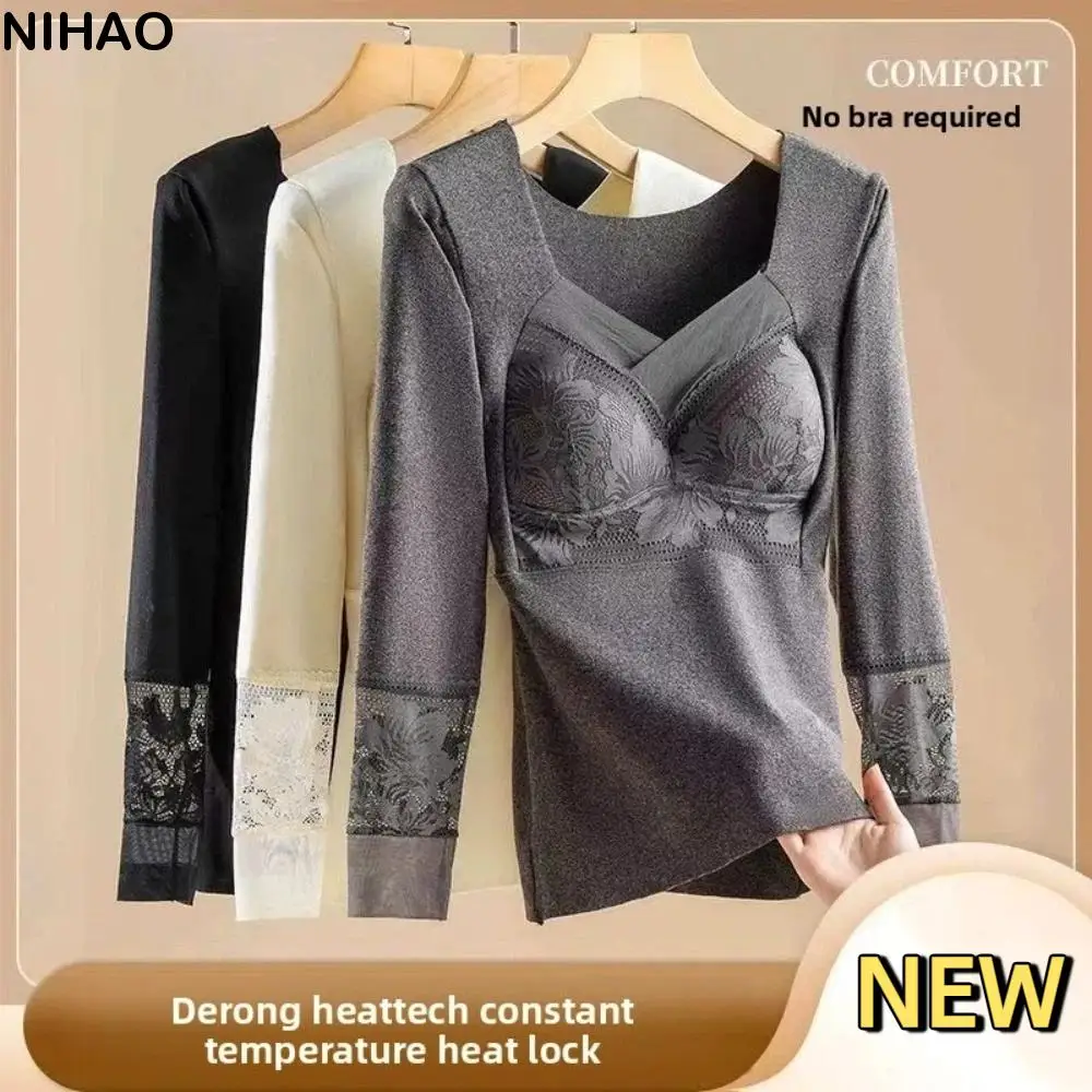 

Lace Women Thermal Clothes Mesh V Neck Autumn Clothes Thermal Underwear Feel Heating Lingerie Warmth Long Warm Top Lady