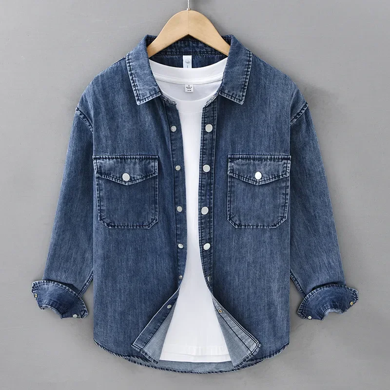 New Long Sleeve Denim Shirt Men Japan Retro Cargo Shirt Men Double Pocket Snap Button Pure Cotton Jean Shirts Fashion Overshirt