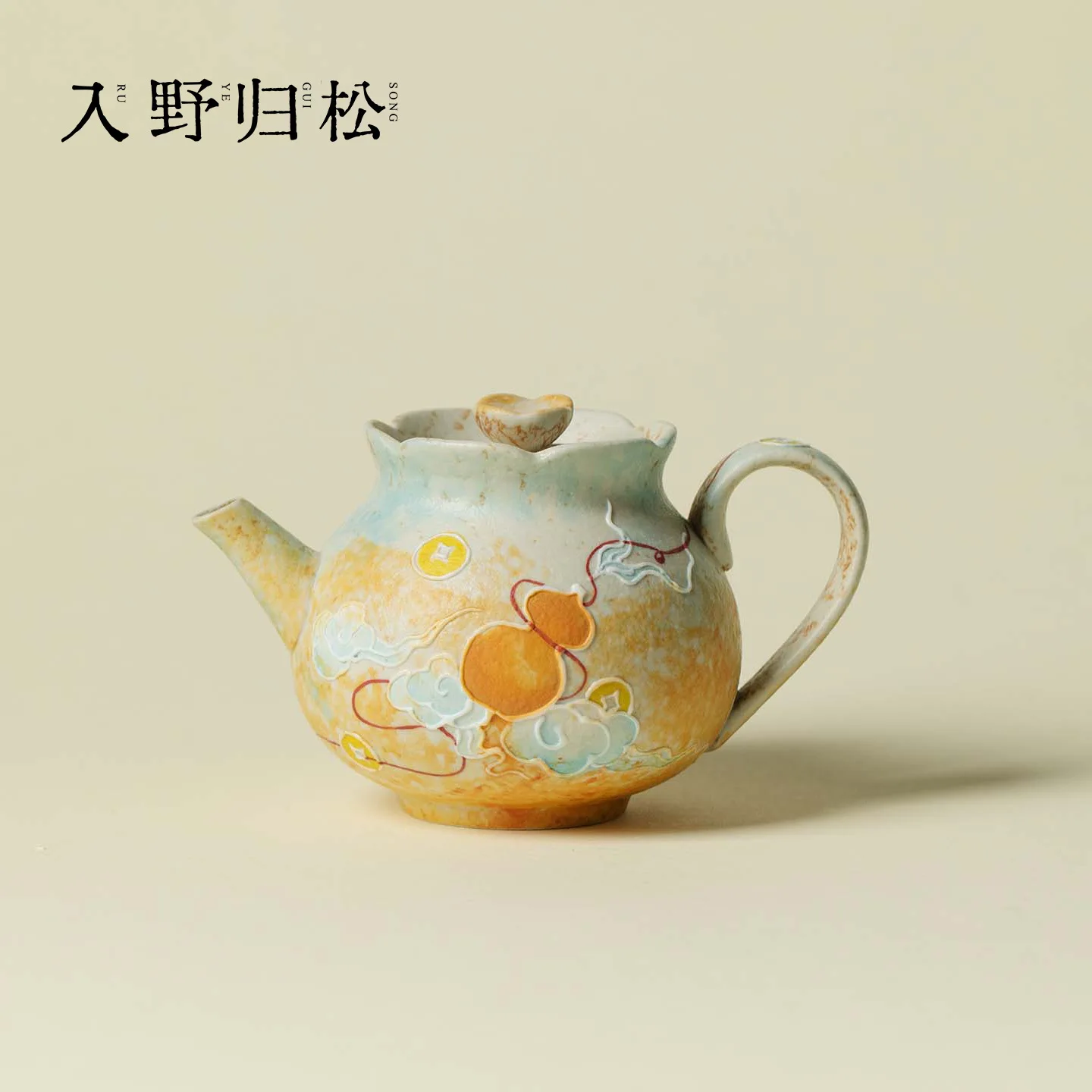 Ino Kiyomatsu Hand-Painted Pot With Double Fortune And Prosperity Design Exquisite Handmade Pastel Ceramic Hand-Held Pot