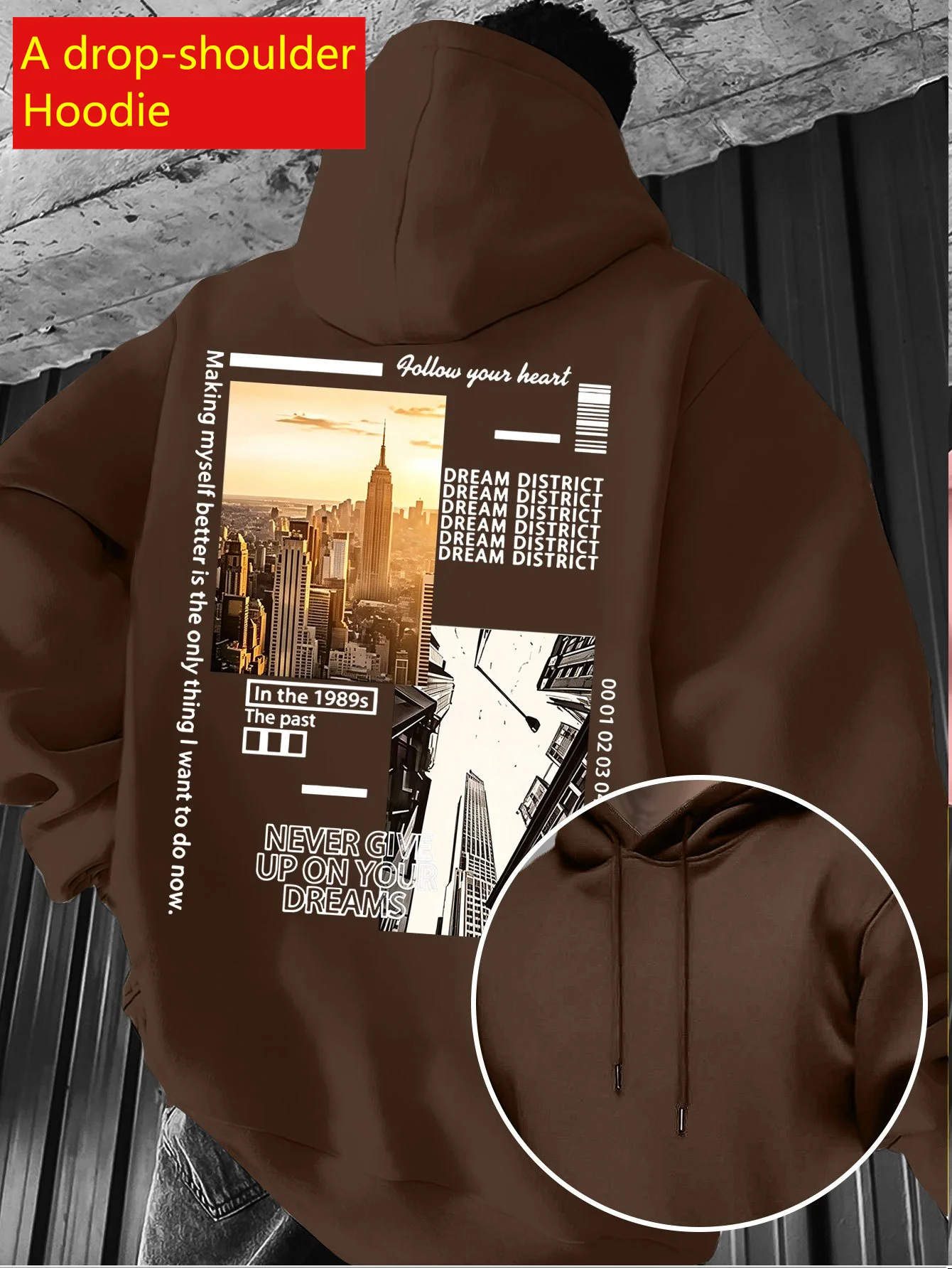 City Building Collage Letter Print Drop Shoulder Hoodie Men American Vintage Streetwear Pullover Sweatshirt Pullover Hoodie