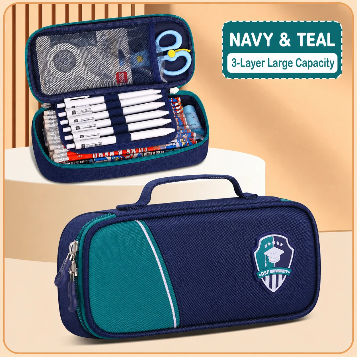 Large Capacity 3-Layer Pencil Case Water Resistant Canvas Pencil Bag For Kids School Students Stationery Desk Organizer