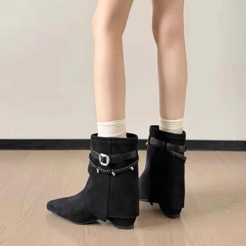 2026Retro Detachable Pant-leg Boots for Women, New Style with Slouchy Pointed Toes, Woven Belt Buckle, Trendy Slim Boots