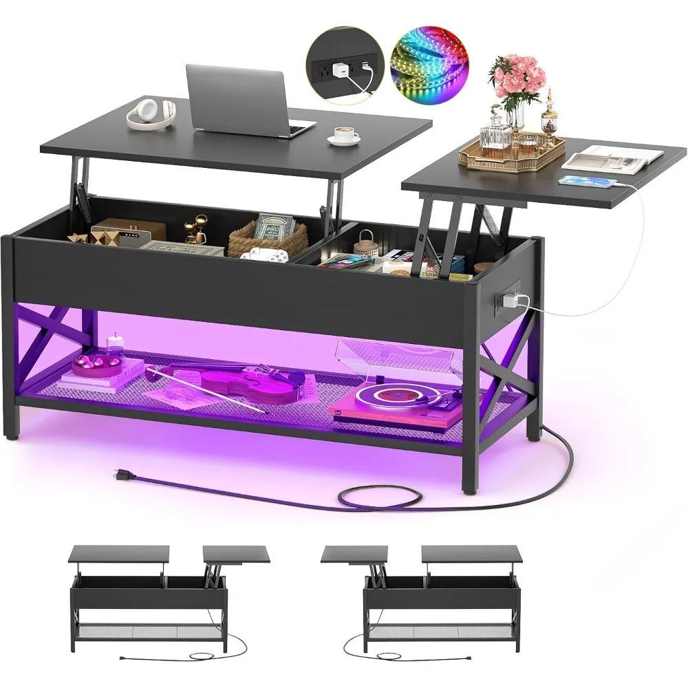 

Black Lift-Top Coffee Table with LED Light, Power Outlets and Storage Shelf, 41.7W x 19.69L x 19.7H
