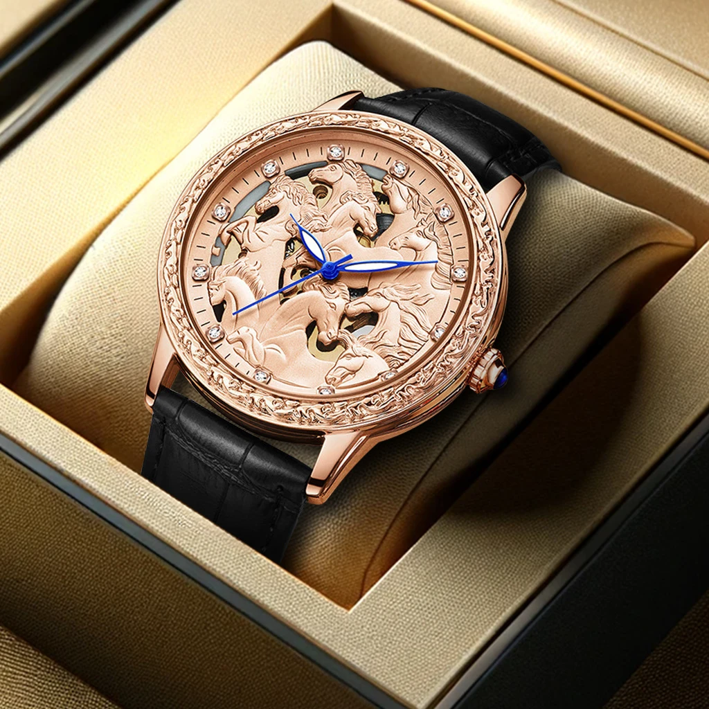New men's black and gold belt, fashionable and elegant style, finely carved luminous fully automatic mechanical watch