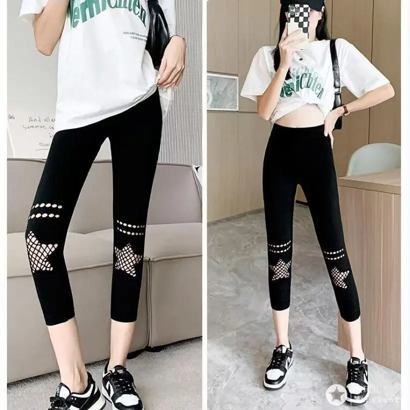 50-90 kg Five-pointed Star Mesh Leggings Women Sexy Fashion Shiny Tights Female Slim Cropped leggins Pants Women's Warm Tights