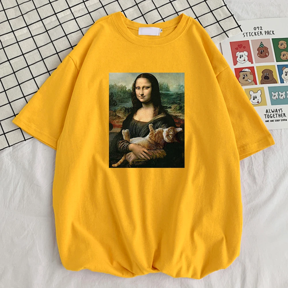 Famous Painting Mona Lisa Hold Cat Prints Men Cotton T-Shirts O-Neck Creativity Short Sleeve Fashion Casual Mans Tee Clothing