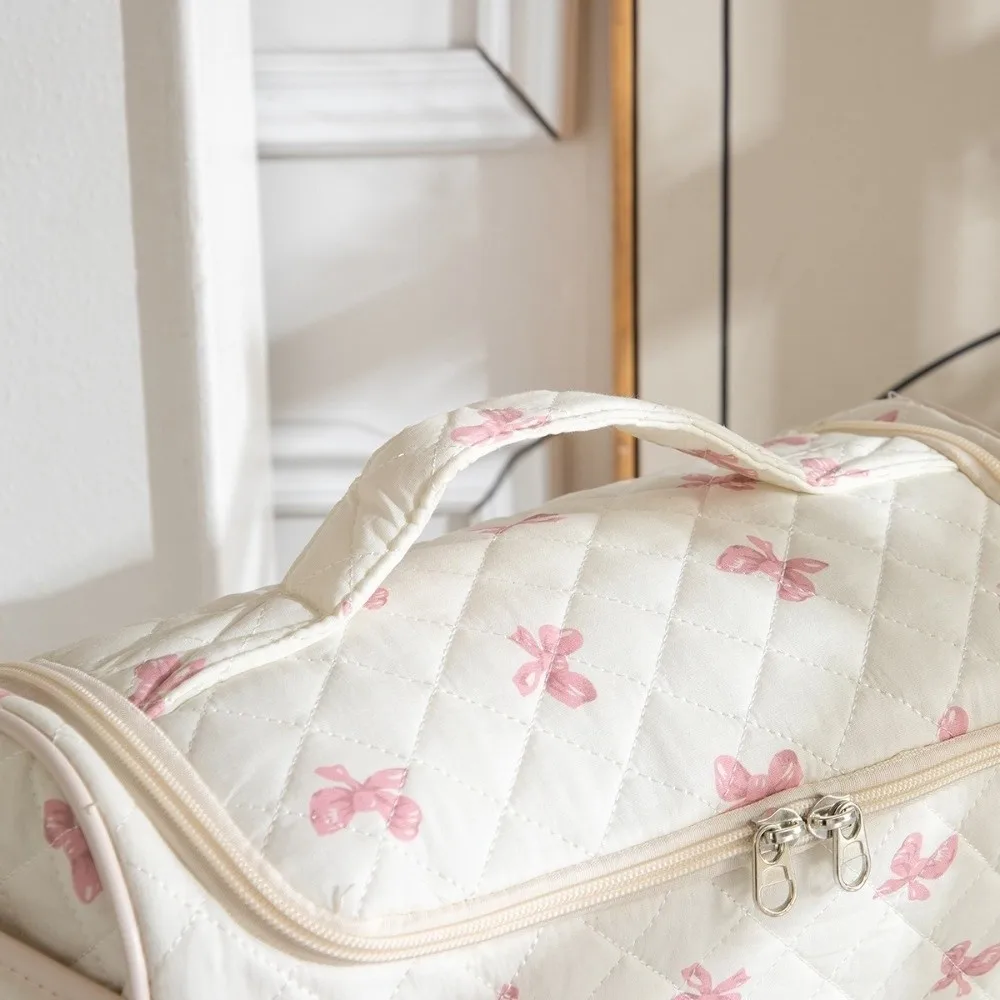 Toiletry Bag Quilted Makeup Bag Large Capacity Portable Hair Dryer Travel Bag Bowknot High-quality Makeup Organizer for Women