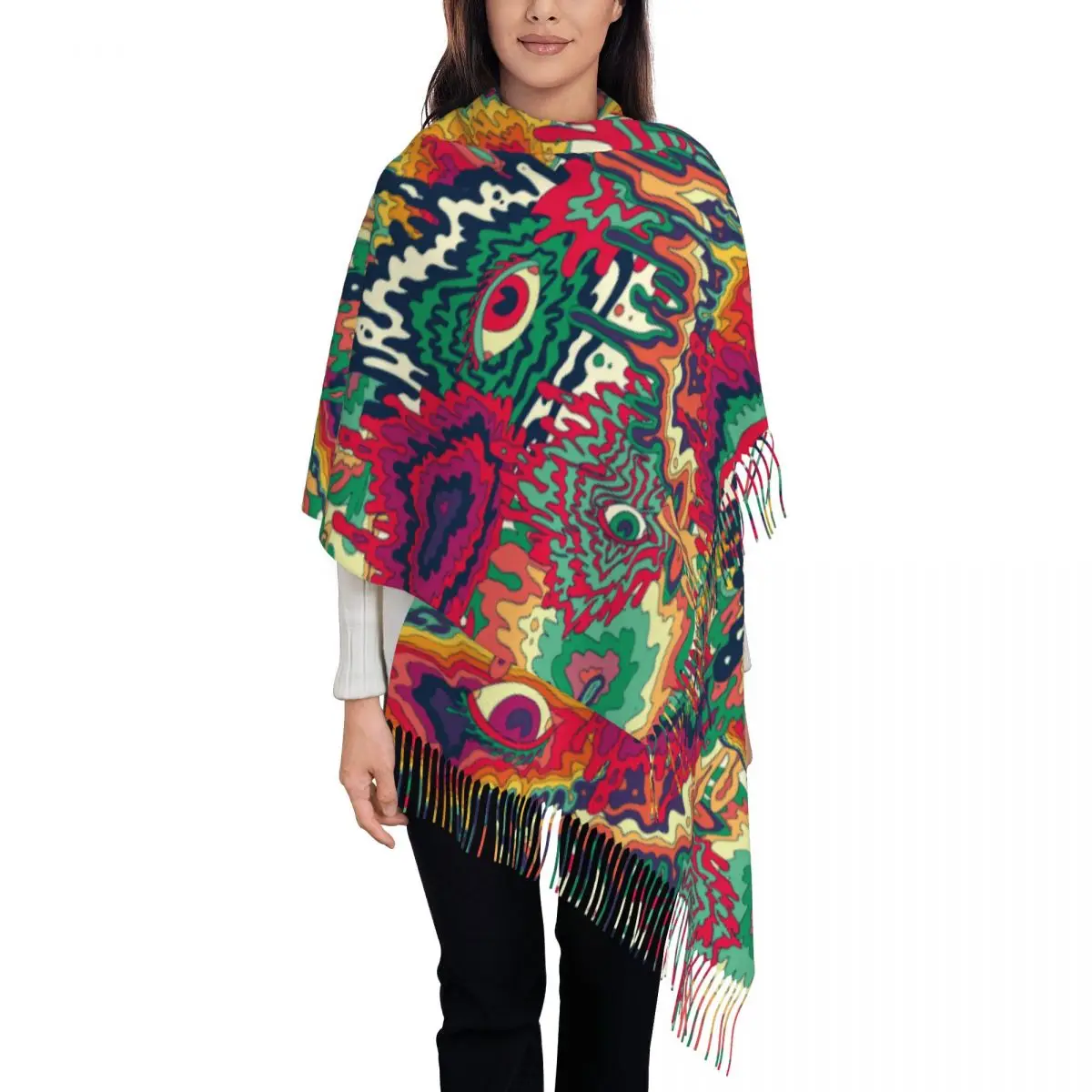 Personalized Printed Abstract Colorful Psychedelic Long Pile Fringe Men Scarf Women'S Anti Chill Scarf