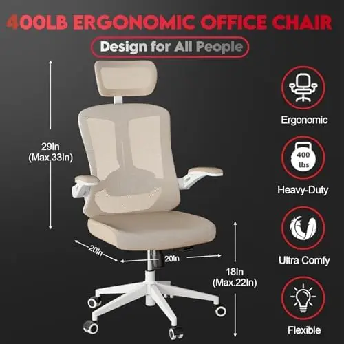 Ergonomic Office Chair 400LB with Headrest & Lumbar Support, Mesh Desk Chair with Wheels and Arms, Khaki