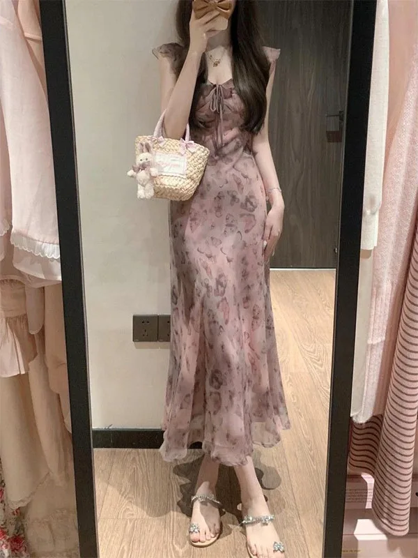 

Slimming Anti-Aging Women's Dress with Lace Trim Commute Style High Waist Long Skirt V-Neck Knot Summer Dress
