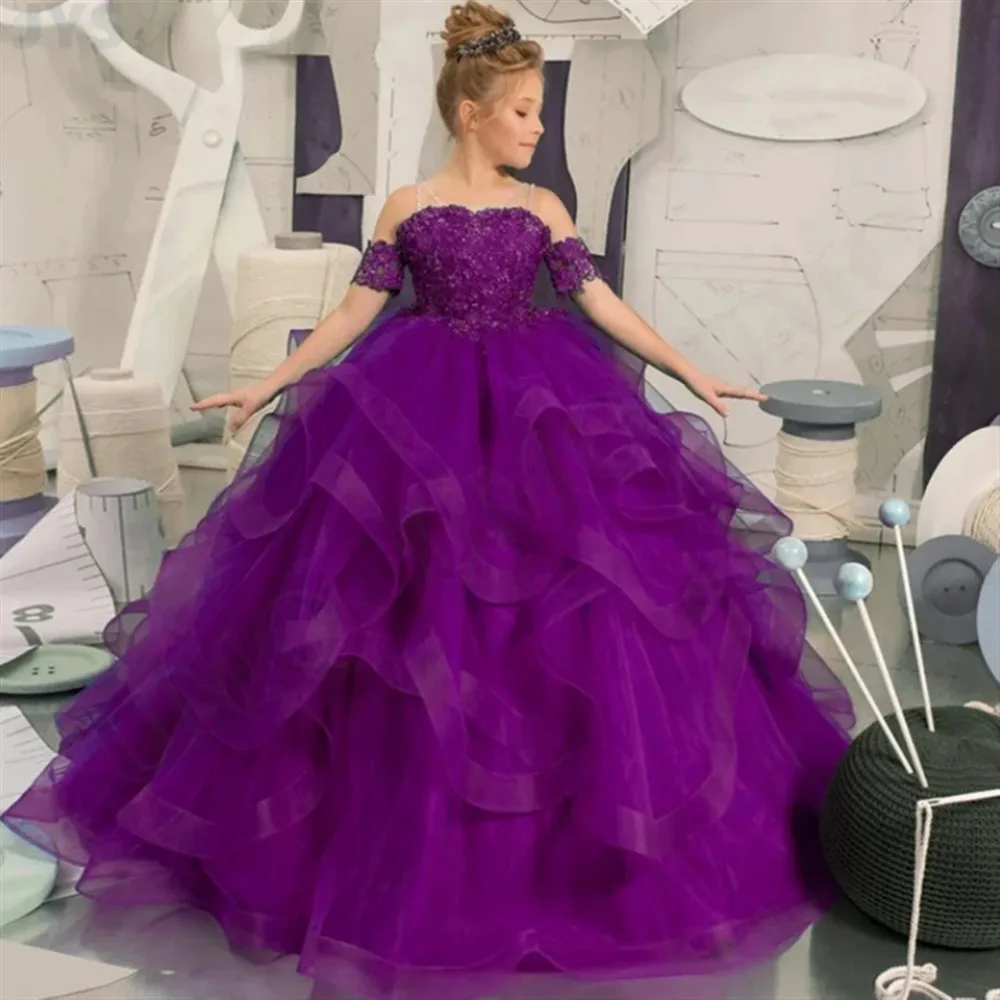 

Customized Appliques Flower Girl Dress Ball Gown Tiered Off Shoulder Princess Birthday Wedding Party Dress First Communion Gown