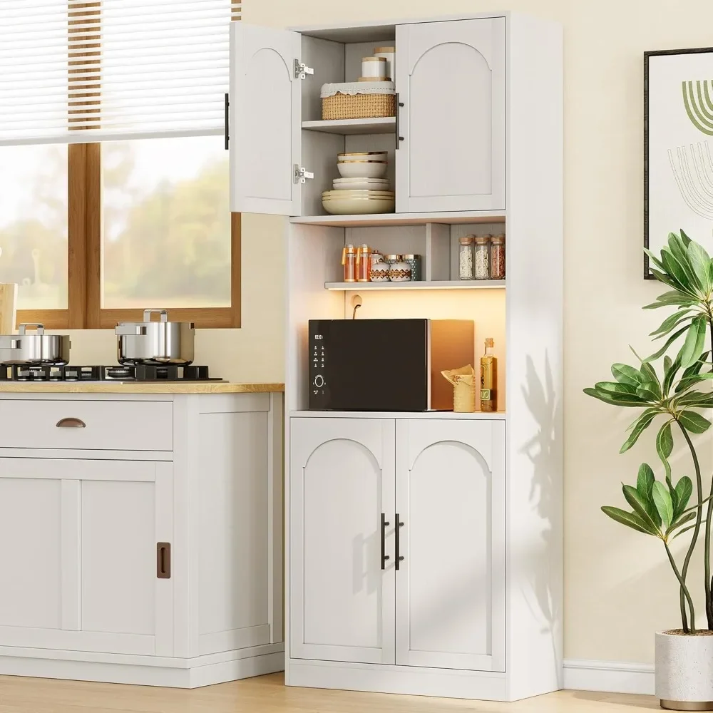 

71” Tall Kitchen Pantry Storage Cabinet with Microwave Shelf and LED Light, Storage Cabinet with Door and Shelve, Hutch Cabinet