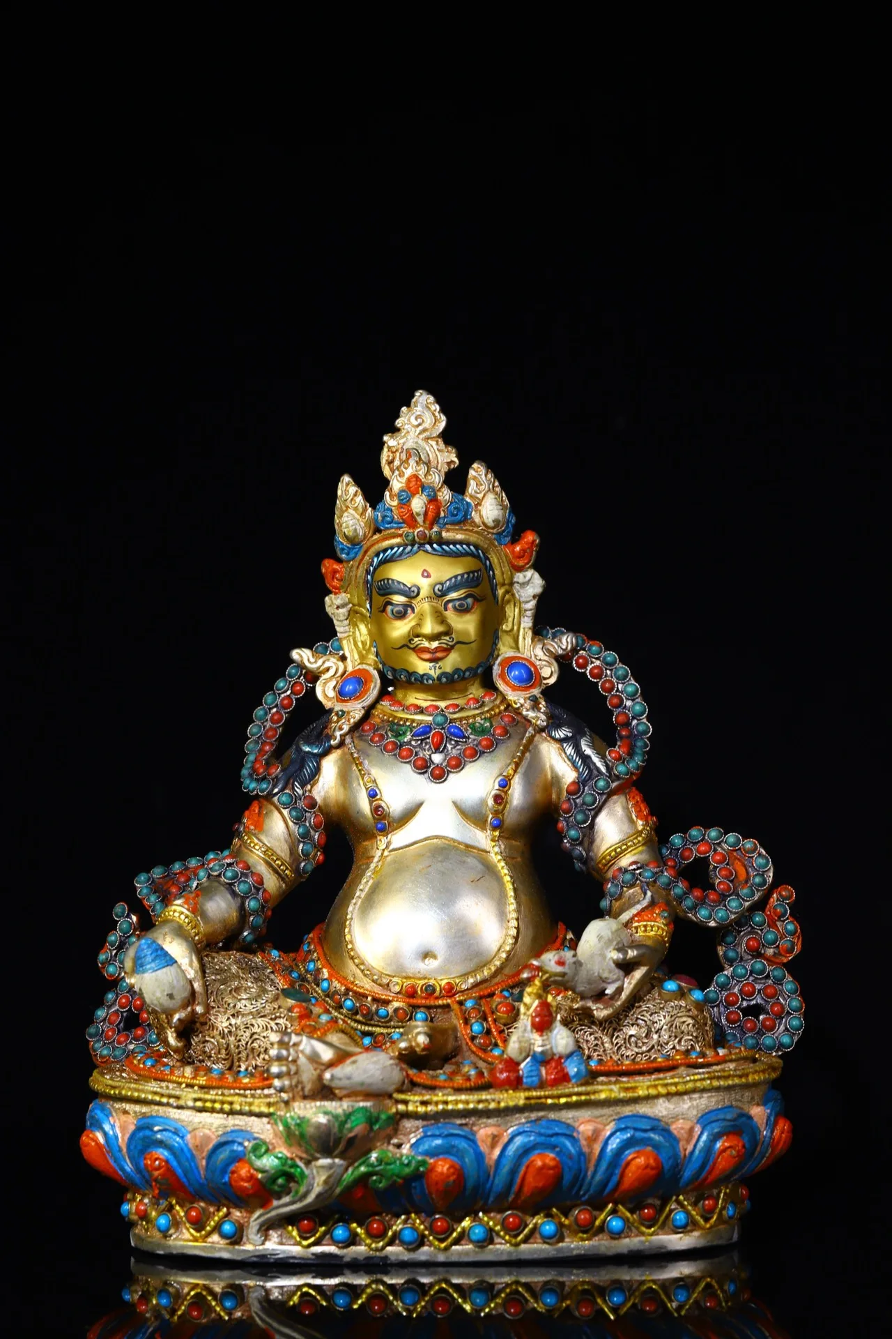 

9"Tibetan Temple Collection Old Bronze Outline in gold Painted Mosaic Gem gZi Beads Yellow Jambhala Sitting Buddha Worship Hall