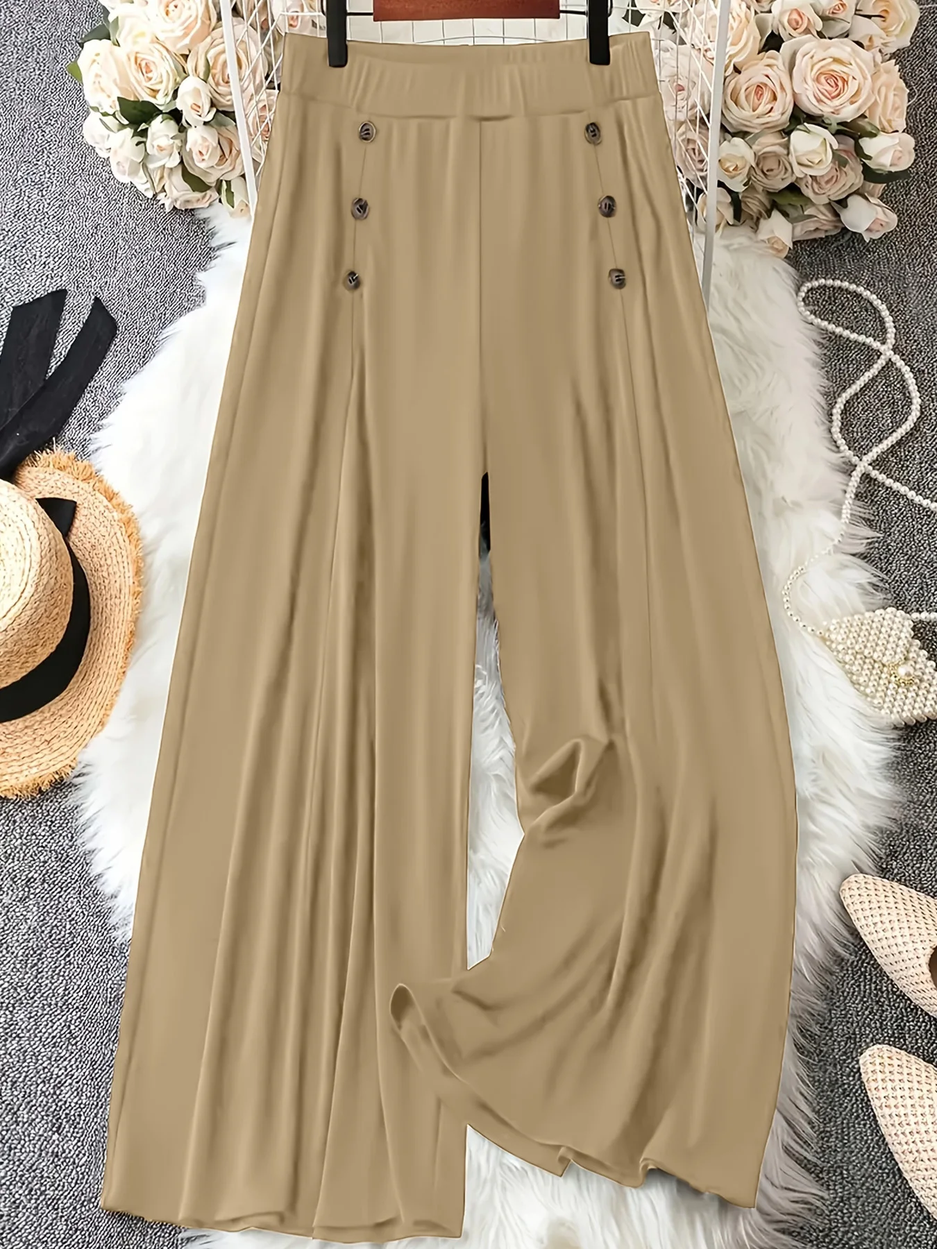 بنطال نسائي عالي الخصر واسع الساق بلون سادة، بنطال كاجوال فضفاض ومريح مع أزرار زخرفية عصرية