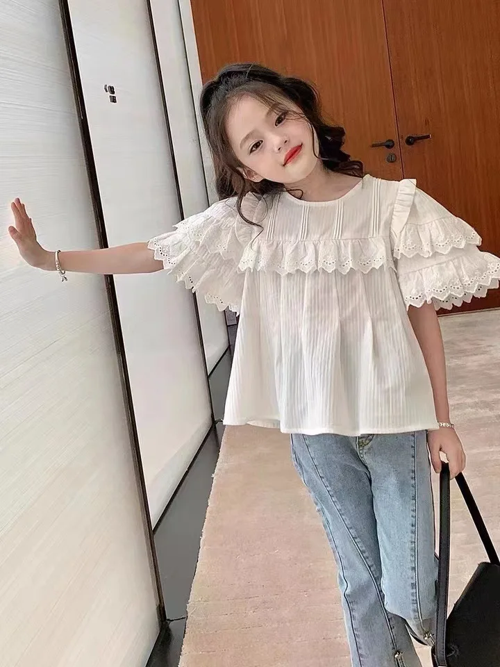 

Girls White Doll Shirt Summer New Children's Baby Girl Short Lace Top Foreign Style Cute Sweet Fashion Casual Baby