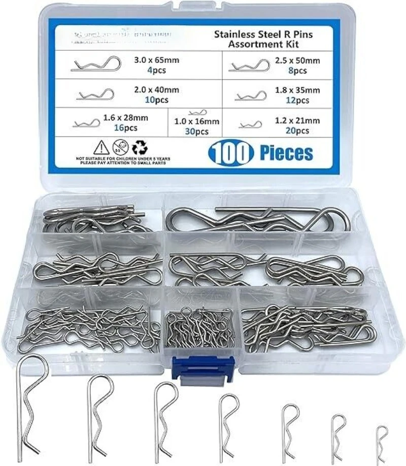 Assortimento di perni per coppiglie a molla in acciaio inossidabile da 100 pezzi R clip perni divisi a forma d\'onda per strumenti di fissaggio