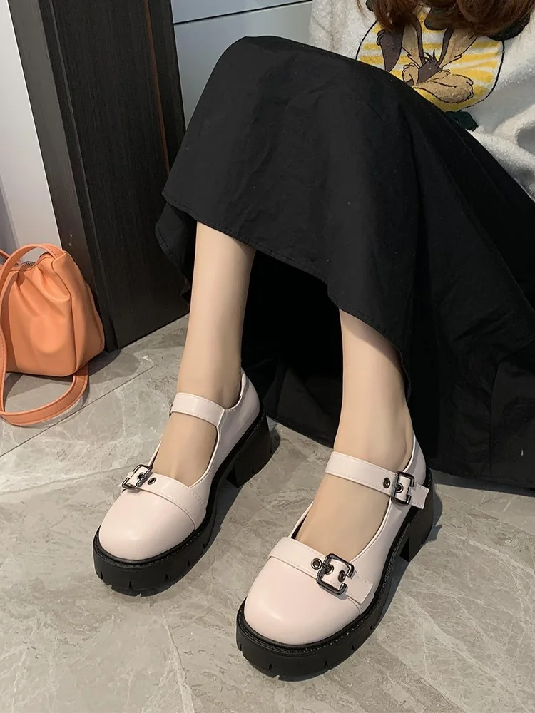 

2021 Spring Retro Mary Jane Women Heels High Mary Jane Buckle Vintage Platform Fahsion New Black Cosplay Anime Harujuku Shoes