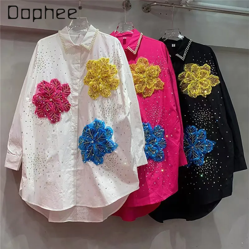 Luxury Beaded Shirt Women Korean Style High-end Polo Collar Flower Diamond Loose Shirts Autumn New Celebrity Temperament Top