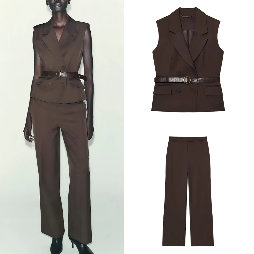 

Женская новинка 2023 года, модный повседневный двубортный жилет с лацканами, женский жилет без рукавов в стиле ретро, шикарный топ + брючный костюм