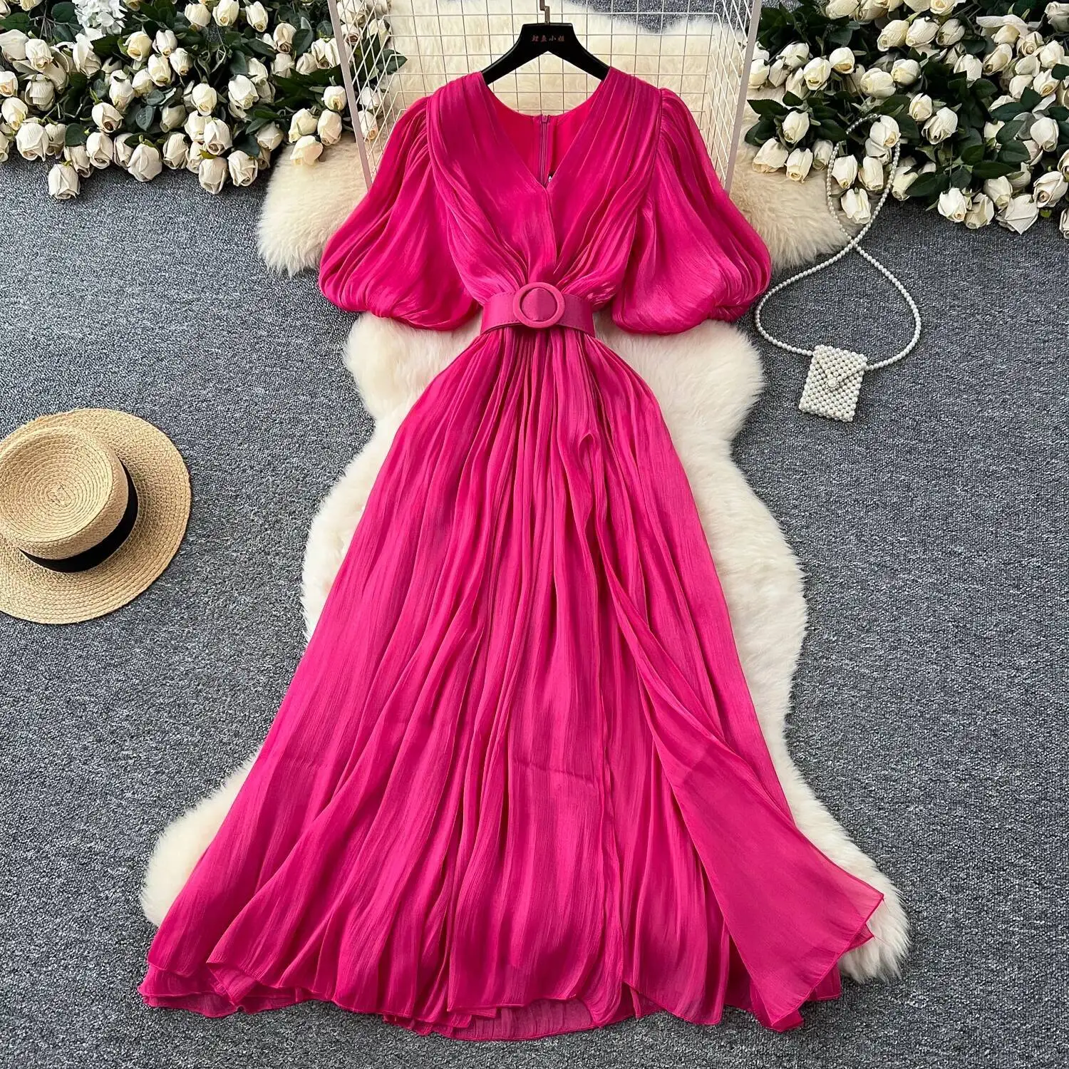 

Винтажное элегантное милое платье с пышными рукавами и разрезом, шикарное повседневное женское летнее платье трапециевидной формы для пляжного отдыха