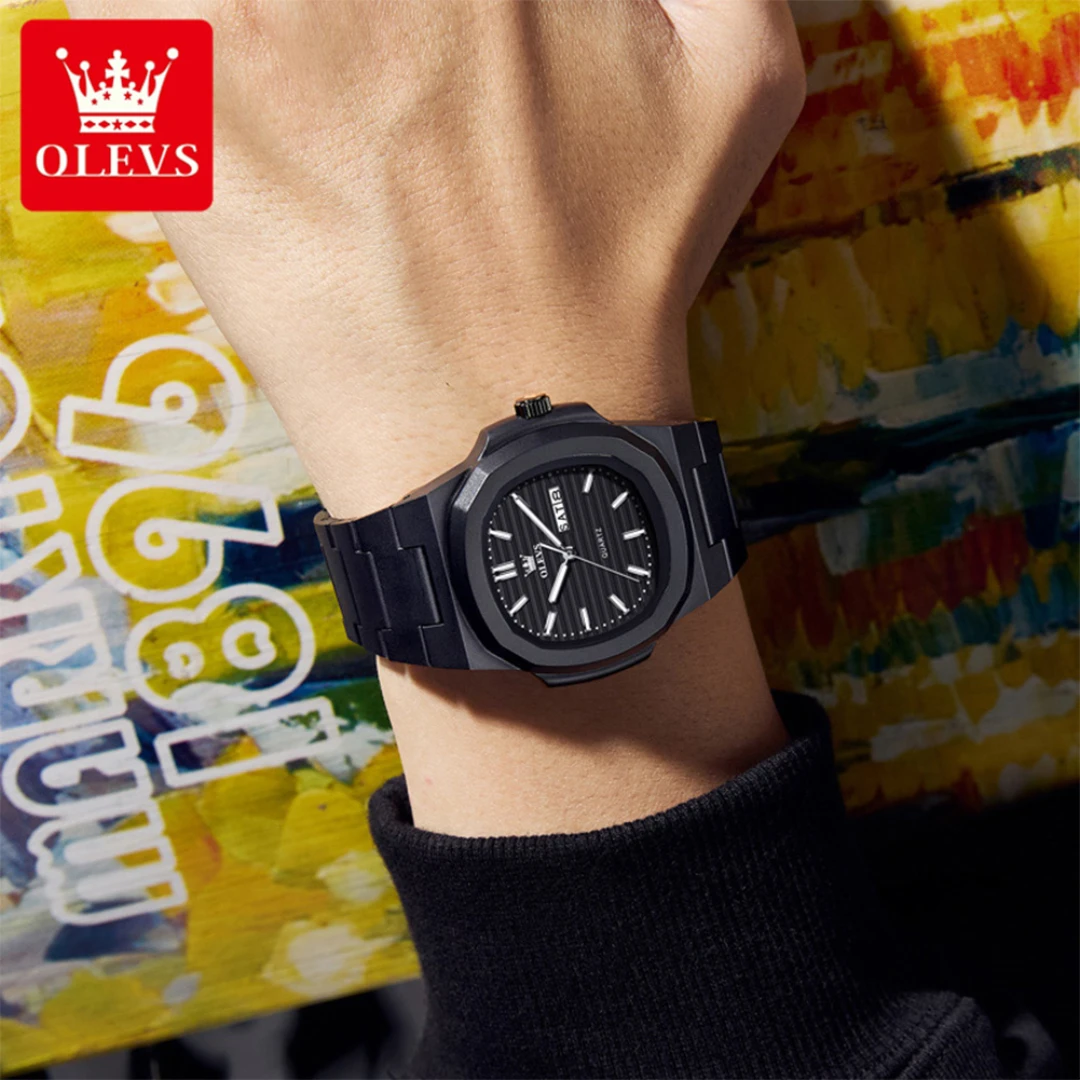 OLEVS 5627 Fashion Quartz Watch Gift Resin Watchband Square-dial Wristwatch Week Display Calendar