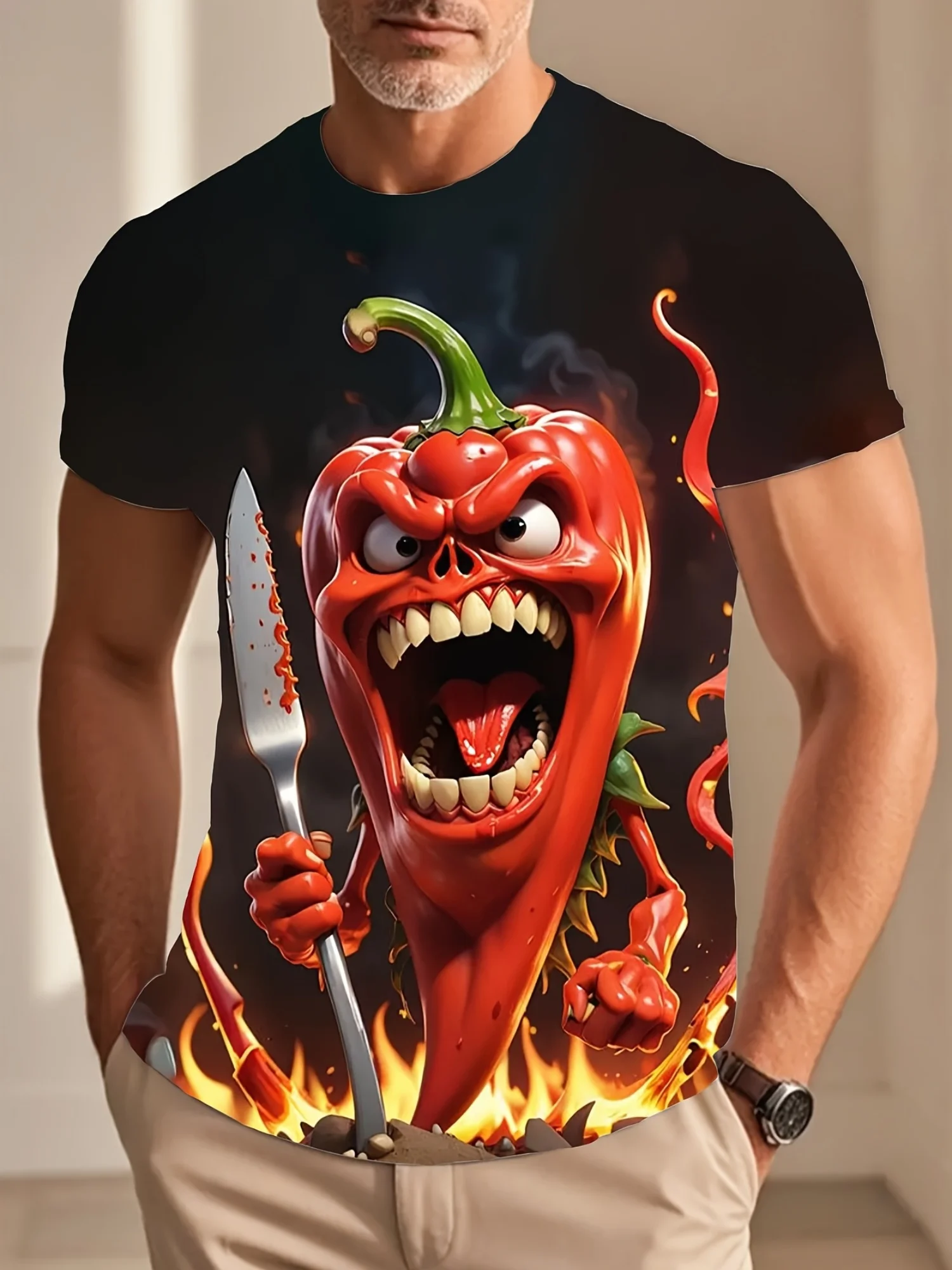 New Fun Cartoon Vegetable Chili 3D Printed T-shirt for Men and Women, Trendy, Casual, Holiday Event Short Sleeved