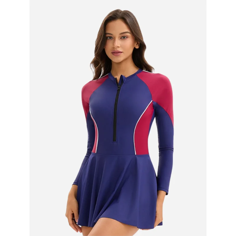 

Color Block Front Zip Swimwear One Piece Women Rash Guard Swimsuit Long Sleeve UPF 50+ Bathing Suit Swimdress