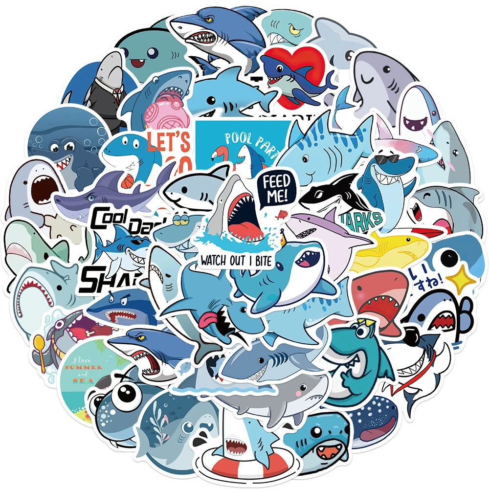 50 Uds pegatinas de tiburón de dibujos animados lindo Animal marino de dibujos animados impermeable DIY equipaje taza de agua libro de ordenador pegatina de regalo