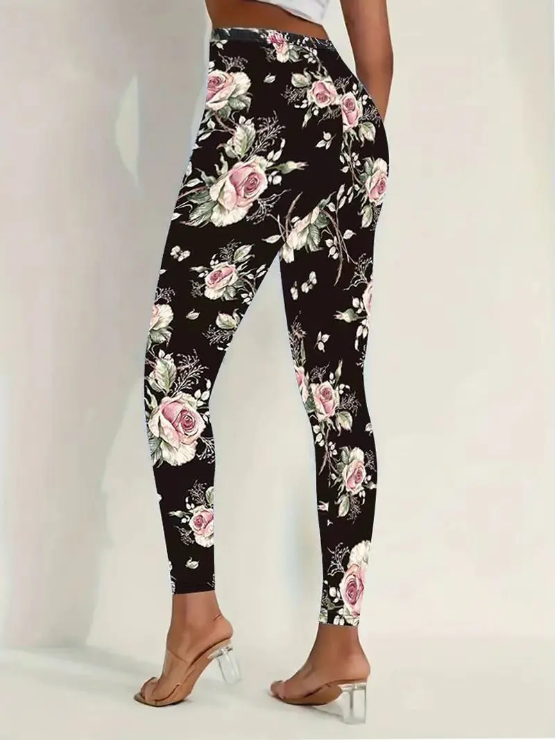 Women's Spring and Autumn Floral Print Casual Leggings - Machine Washable