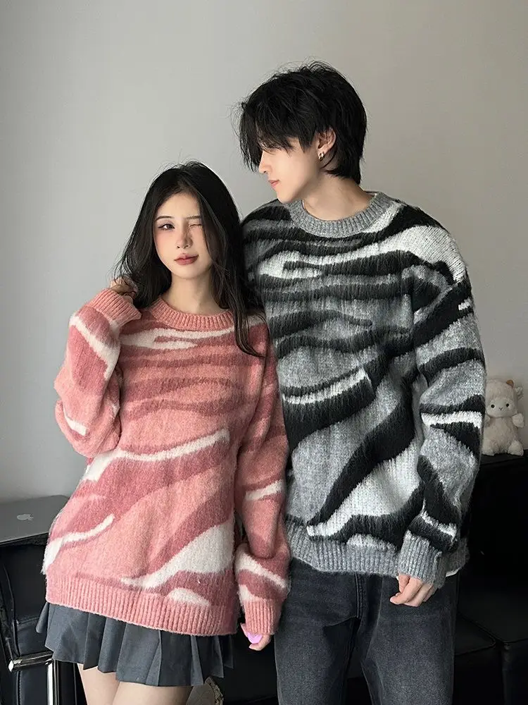 

Y2k Couple Clothes Plaid Zebra Knit Sweaters Pullovers Oem Top Korean Fashion Vintage Winter Goth Long Sleeve Sweatshirts