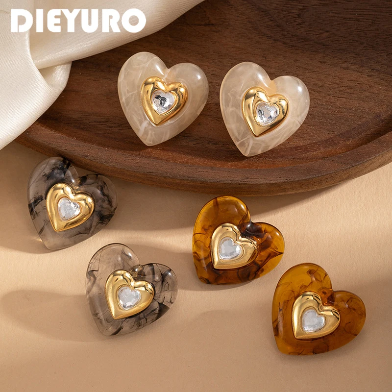 DIEYURO Stainless Steel Resin Imitation Amber Heart Zircon Stud Earrings For Women Personality Luxury Niche Simple Jewelry Gift